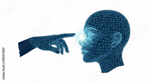 Digital hand touches glowing abstract face, data particles merge at contact