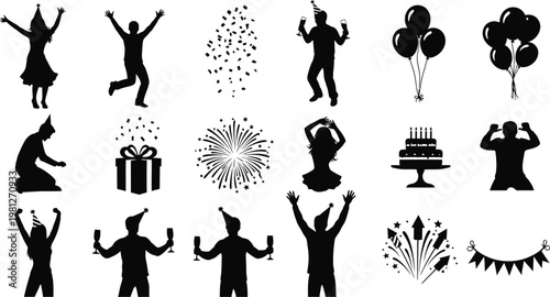 Celebration icons featuring joyful human silhouettes and festive symbols isolated on white background, Vector