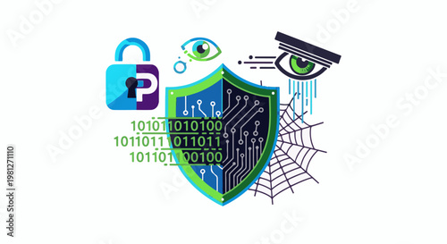 Cyber security concept with padlock, shield, binary code, and eye