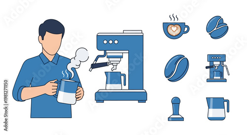 Man Holding Coffee Cup with Machine.
