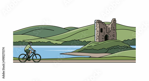 Cyclist pedals past lake and ancient castle ruins on green hills