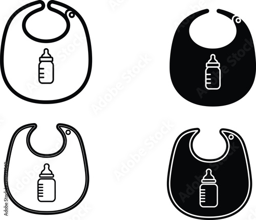 Baby bibs with bottle icon set black and white vector illustration