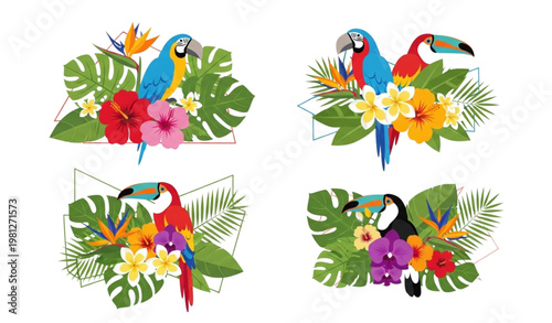 Tropical arrangement vector leaves flowers birds invitation poster design