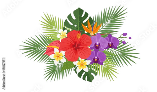 Tropical summer bouquet vector palm leaves exotic flowers illustration