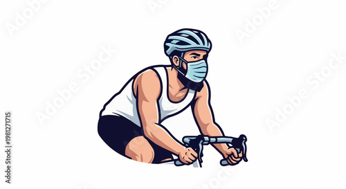 Cyclist wearing face mask and helmet rides bicycle