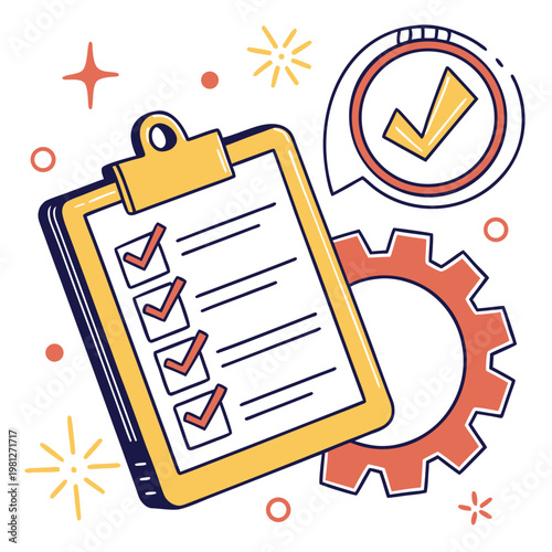 Industrial workflow optimization concept showing yellow clipboard with checked boxes and large mechanical gear symbol representing process efficiency.