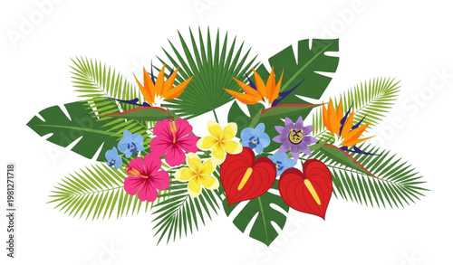 Tropical floral bouquet vector palm leaves exotic flowers clipart