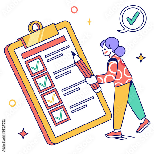 Person completing safety checklist on clipboard with pencil, marking some items checked and some pending, symbolizing task management and quality assurance, diligence ensures safety.