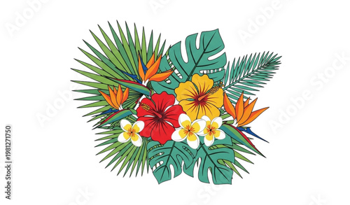 Tropical bouquet vector illustration exotic flowers palm leaves design