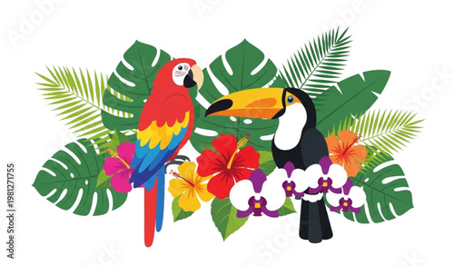 Tropical summer arrangement vector parrot toucan palm leaves flowers