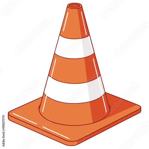 Warning traffic cone vector image with reflective highlights and orange finish for roadway construction security measures and vehicle path direction.