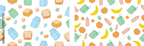 School lunch seamless pattern set, cute food vector background with sandwiches and milk cartons, healthy snack wallpaper with bananas and cookies