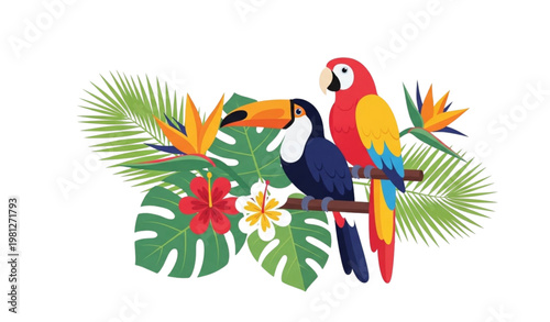Tropical birds vector illustration parrot toucan floral palm design