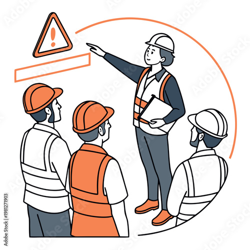 Construction worker instructs team on safety using warning sign and checklist, emphasizing hazard awareness and protocol adherence during meeting, teamwork and vigilance are key.