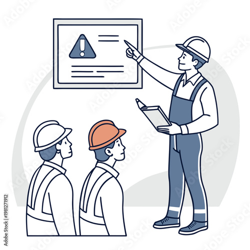 Foreman instructing workers on safety protocols pointing at warning sign on board and holding checklist during briefing.