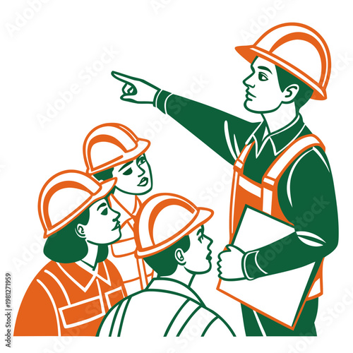 Professional site manager in protective gear pointing towards construction area for group of workers during safety briefing session on work site.