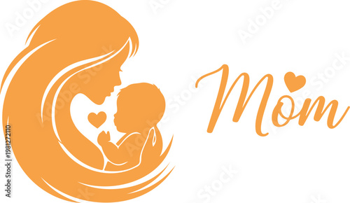Mother and baby silhouette in warm orange, mom cradling infant with heart icon, minimalist maternity and family love illustration isolated on white.