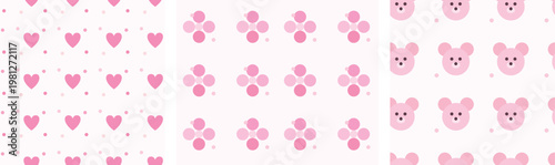 Kawaii pink seamless pattern set, cute bear and heart vector backgrounds, 3 repetitive pastel textures for baby shower and nursery decor