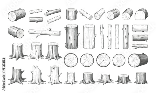 Detailed wood and tree stump illustrations in grayscale