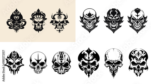 Set of tribal skull emblems with ornate ornamental details and aggressive tattoo style shapes in black vector design isolated on light background