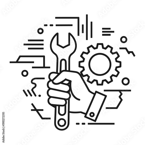 Hand holding wrench with gears and abstract lines