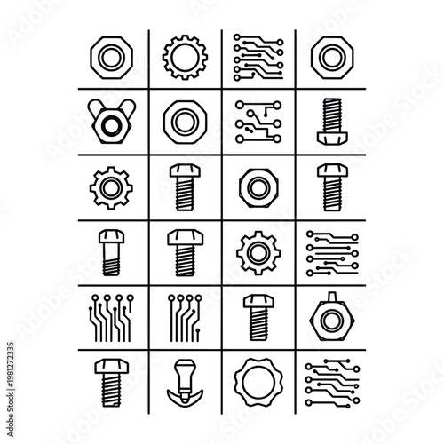 Grid of mechanical and electronic components icons