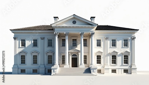 Neoclassical mansion with grand columns, symmetrical facade. Elegant white building rendered in 3D, featuring detailed windows, prominent entrance. Architectural illustration offers stately, formal