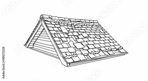 Damaged roof with missing and torn shingles, showing triangular gable end