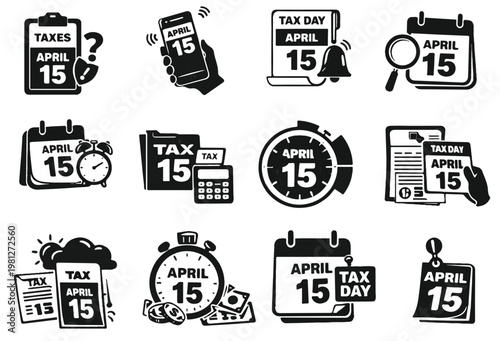 15 April tax deadline, Abstract Time Pressure Concept with Distorted Clock Pulling Stressed Businessman, Deadline Stress Illustration
