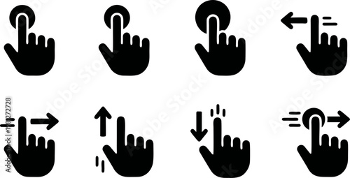 This comprehensive vector illustration set features various common touch screen hand gestures, including tap, swipe, scroll, and pinch, essential for user interface design and mobile application devel