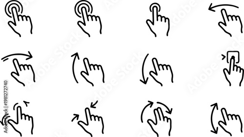 This vector graphic illustration presents a comprehensive collection of user interface hand gesture icons, depicting essential touch interactions for modern digital devices and interactive application