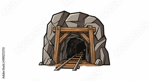 Dark mine entrance framed by rocky hill and wooden supports, with railway tracks