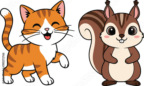 Cute Cartoon Cat and Chipmunk Character Set with Adorable Animal Illustrations for Kids Design, Mascots, Nursery Graphics, and Playful Vector Collection