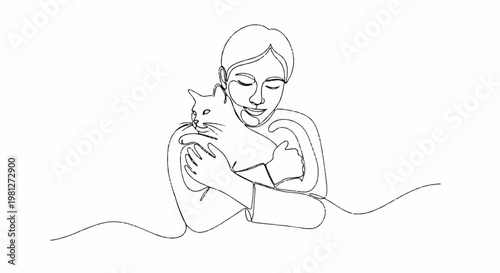 Minimalist continuous line art illustration of woman hugging cat isolated on white background for modern home decor and artistic digital design projects