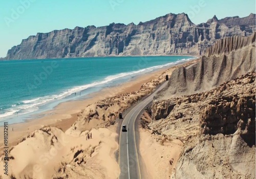 Golden Beach Pakistan Coastal Highway Scenic Desert Road and Arabian Sea Cliffs