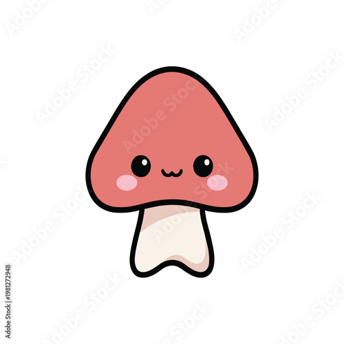 Cute Kawaii Mushroom Character with Happy Face, Adorable Chibi Cartoon Fungi Mascot, Kids Sticker Nature Design, Vector Illustration