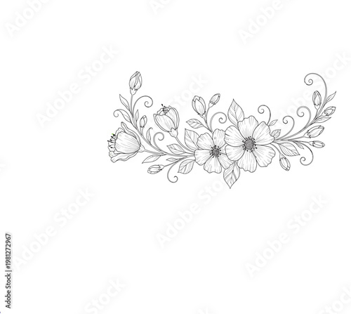Floral arrangement sketch features elegant hand-drawn blossoms and swirling vines on a clean white background, providing a delicate aesthetic for stationery or wedding invitation design projects.