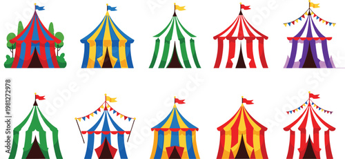 Circus Tent Icon Set Collection with Carnival Big Top Symbols for Festival Events, Amusement Parks, and Vector Design