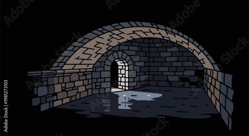 Dark stone arched passageway with puddle reflecting light from entrance