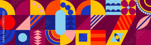 2027 New Year design with abstract geometric pattern. Vintage, retro decorative shapes, bright colors element, tiles on grid. Holiday typography. Vector illustration on burgundy background, backdrop