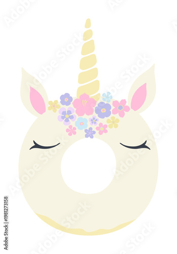 Unicorn doughnut, cute pastel color pastry, donut with frosting illustration isolated. Birthday celebration, sweet food, dessert, kids party clip art, design element. Hand drawn flat vector