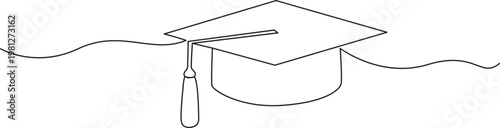 one line art graduation cap sketch, graduation cap one line illustration, hand drawn continuous sketch of student hat on white background Minimalist continuous one line drawing of a graduation cap 