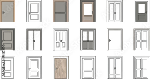 Collection of various interior door styles and designs in a grayscale schematic layout Vector