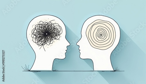 Two heads in profile face each other. One mind shows tangled thoughts. The other mind has clear, ordered thoughts. Concept shows empathy and understanding between people.