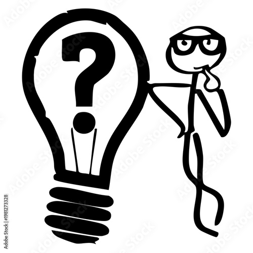 A cartoon character thinking with a large light-bulb and question mark