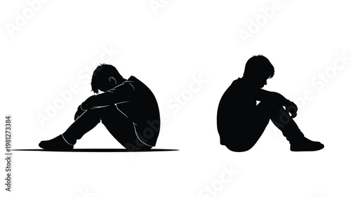 Depressed teenage boy side profile silhouette sitting on ground, thoughtful young male portrait isolated on white