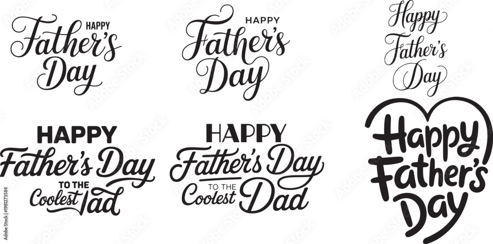 Fototapeta premium A collection of elegant black typographic designs featuring the phrase Happy Fathers Day and Happy Fathers Day To The Coolest Dad celebratory cards and decorations