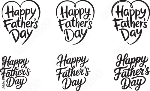 A collection of six distinct handdrawn calligraphy typography designs celebrating Fathers Day featuring different styles of lettering within heart outlines or as standalone phrases perfect