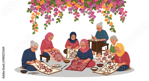 Elderly women in headscarves crafting traditional textiles together