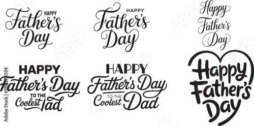 A collection of elegant black typographic designs featuring the phrase Happy Fathers Day and Happy Fathers Day To The Coolest Dad celebratory cards and decorations